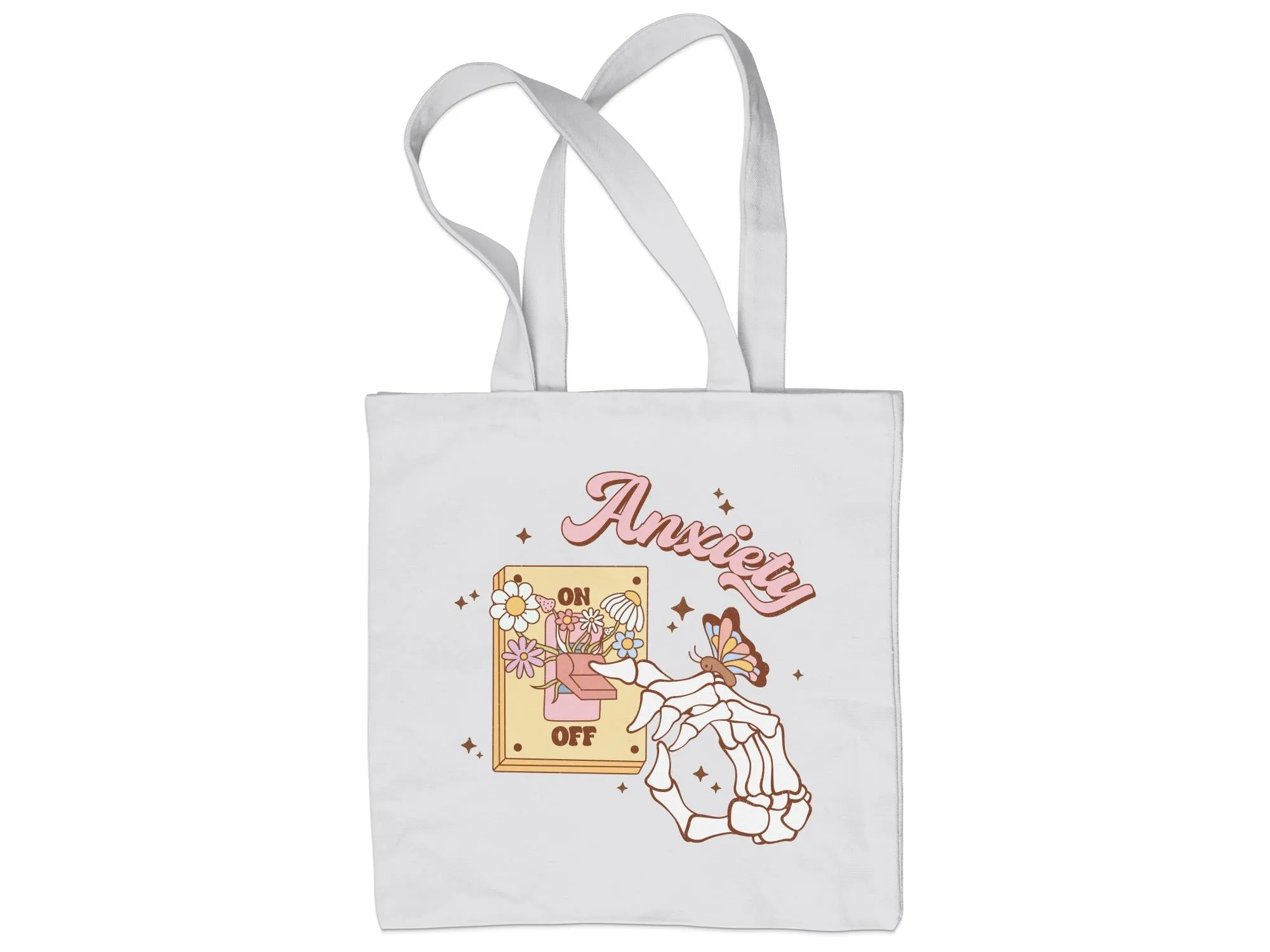Anxiety Relief Illustration Tote Bag, Floral OFF Switch and Butterfly Design, Eco-Friendly Canvas Shopper, Trendy Mental Health Support Accessory