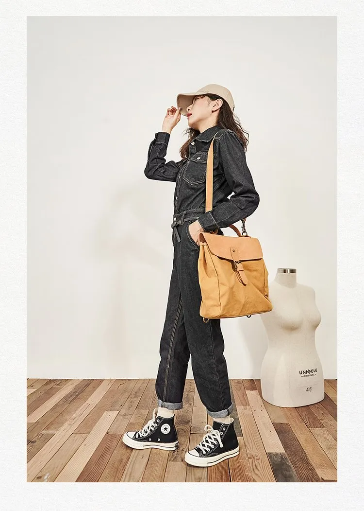 Canvas Leather Mens Womens Backpack Messenger Backpack Satchel Bag Canvas School Backpack for Men Women
