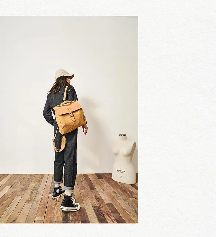 Canvas Leather Mens Womens Backpack Messenger Backpack Satchel Bag Canvas School Backpack for Men Women