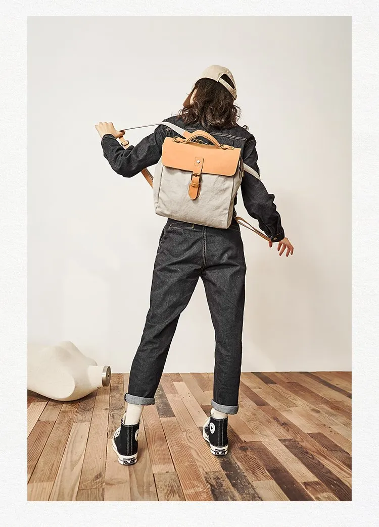 Canvas Leather Mens Womens Backpack Messenger Backpack Satchel Bag Canvas School Backpack for Men Women