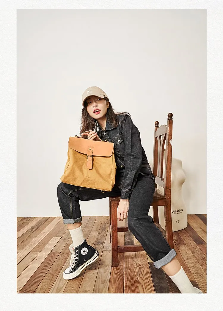 Canvas Leather Mens Womens Backpack Messenger Backpack Satchel Bag Canvas School Backpack for Men Women