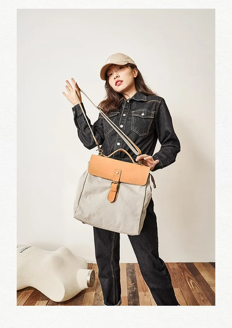 Canvas Leather Mens Womens Backpack Messenger Backpack Satchel Bag Canvas School Backpack for Men Women