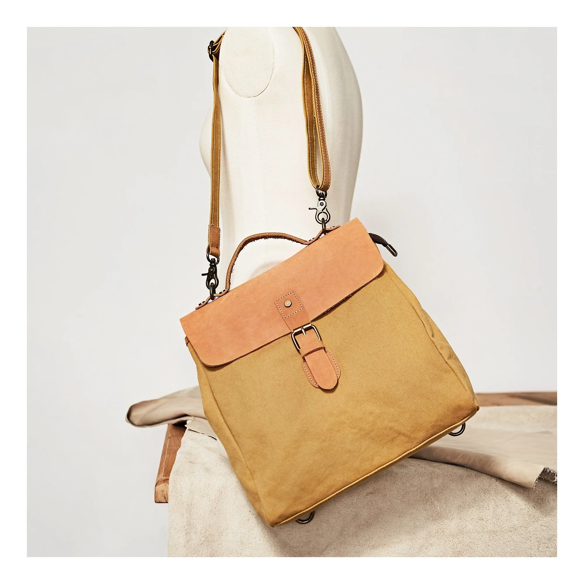 Canvas Leather Mens Womens Backpack Messenger Backpack Satchel Bag Canvas School Backpack for Men Women