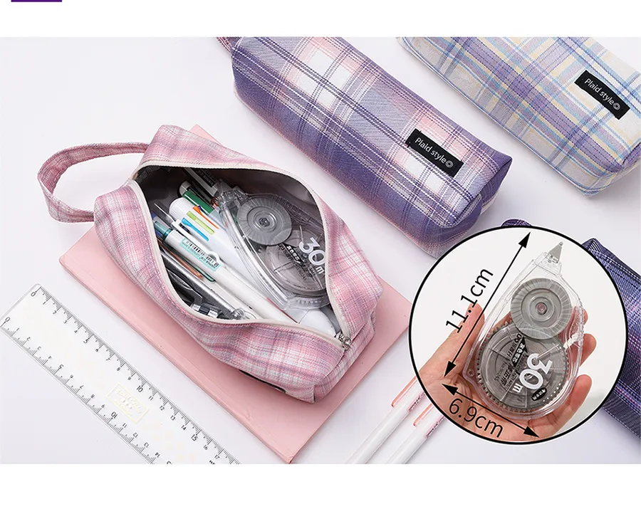 Double-Layer Plaid Pencil Case Female Student Canvas Portable Pencil Case