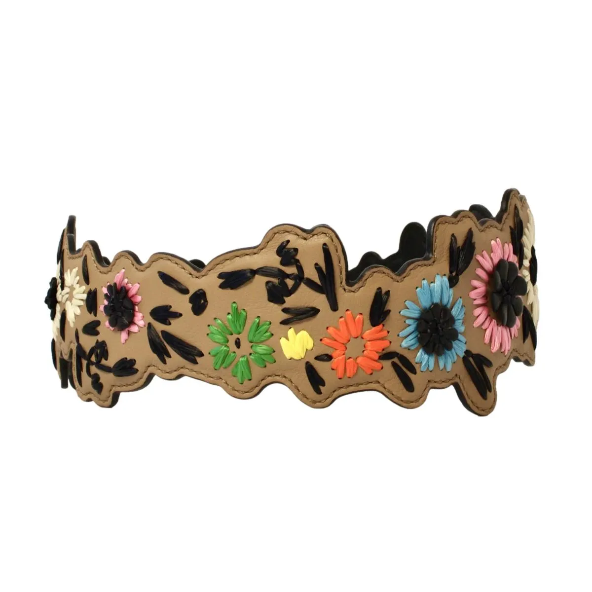 Fendi Shoulder Strap You Raffia Flowers Barley Beige Leather 8AV077