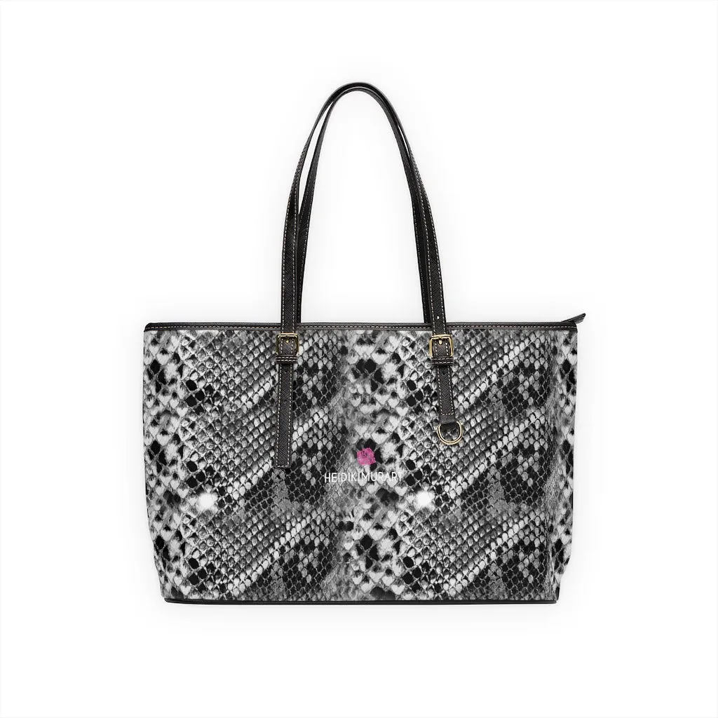 Grey Snake Print Tote Bag, Snake Reptile Python Print Best Designer PU Leather Shoulder Bag
