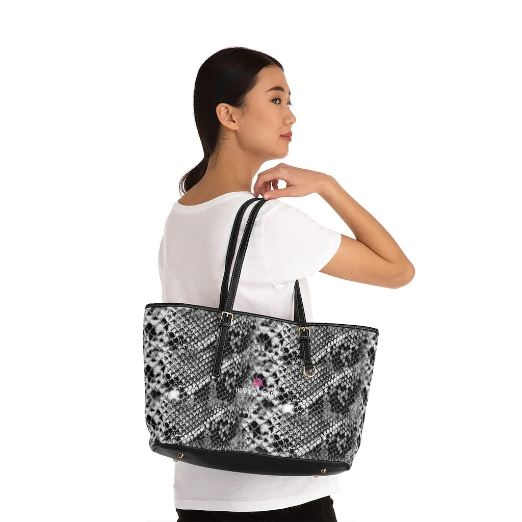 Grey Snake Print Tote Bag, Snake Reptile Python Print Best Designer PU Leather Shoulder Bag