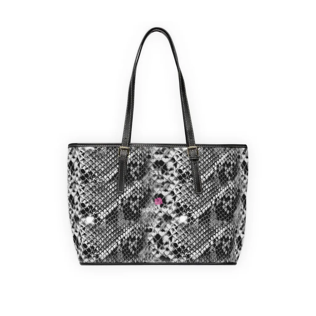 Grey Snake Print Tote Bag, Snake Reptile Python Print Best Designer PU Leather Shoulder Bag
