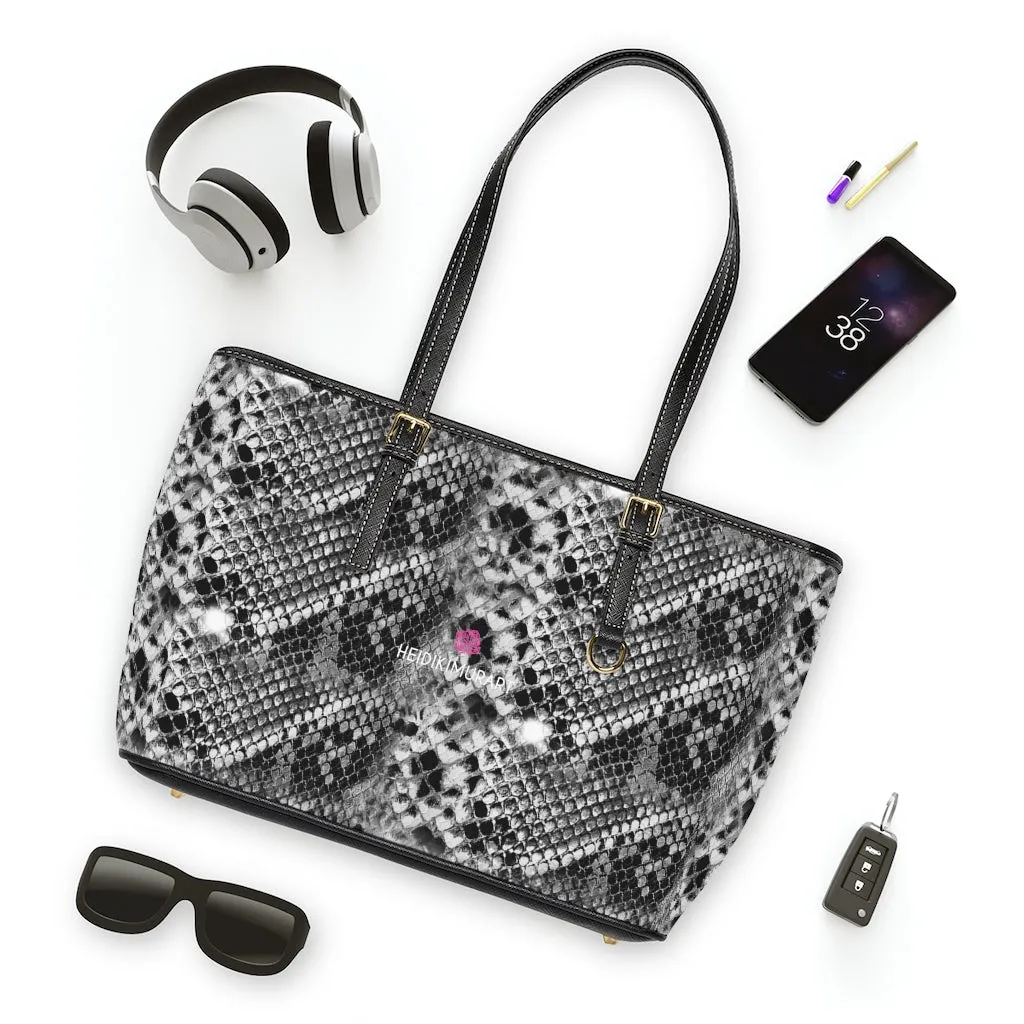 Grey Snake Print Tote Bag, Snake Reptile Python Print Best Designer PU Leather Shoulder Bag