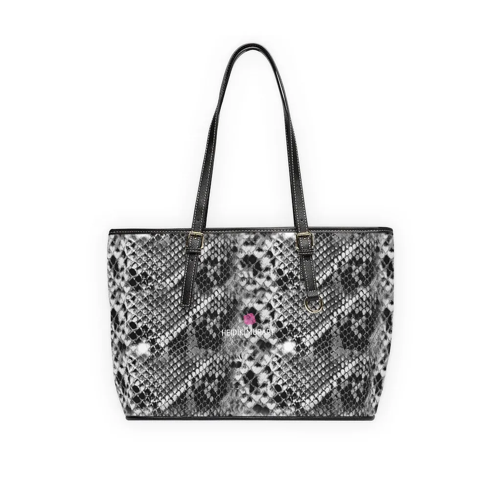 Grey Snake Print Tote Bag, Snake Reptile Python Print Best Designer PU Leather Shoulder Bag