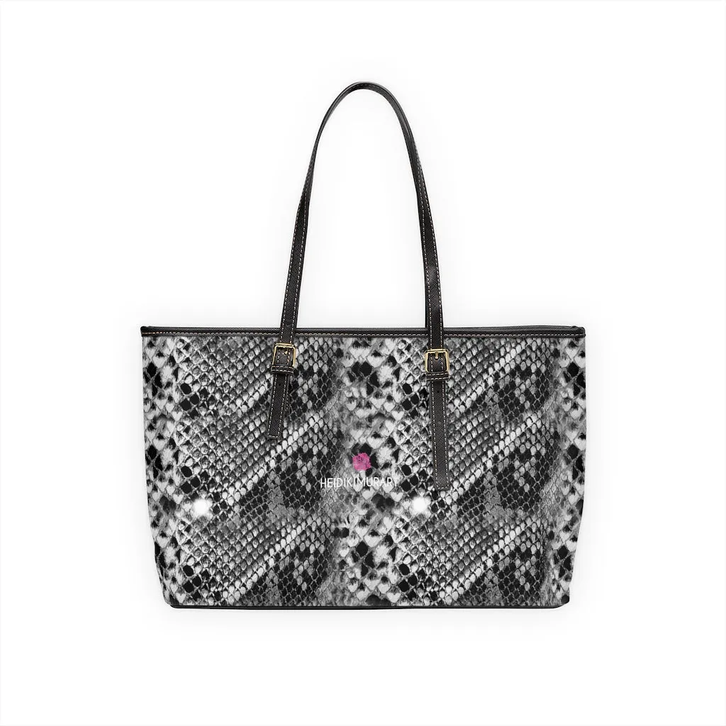 Grey Snake Print Tote Bag, Snake Reptile Python Print Best Designer PU Leather Shoulder Bag