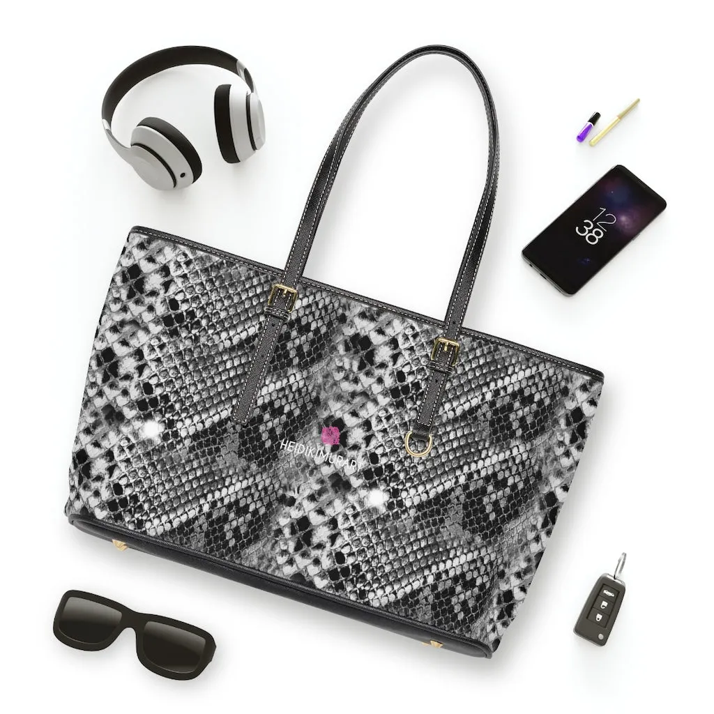Grey Snake Print Tote Bag, Snake Reptile Python Print Best Designer PU Leather Shoulder Bag