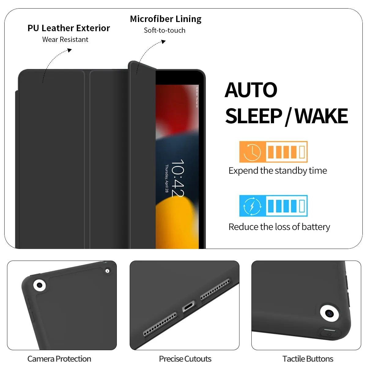 iPad 10.2 Case for iPad 9th Generation 2021 /iPad 8th Generation 2020 / iPad 7th Gen 2019 with Pencil Holder, Auto Sleep/Wake for Slim Soft Back Smart Cover, iPad 10.2 inch Case, Black