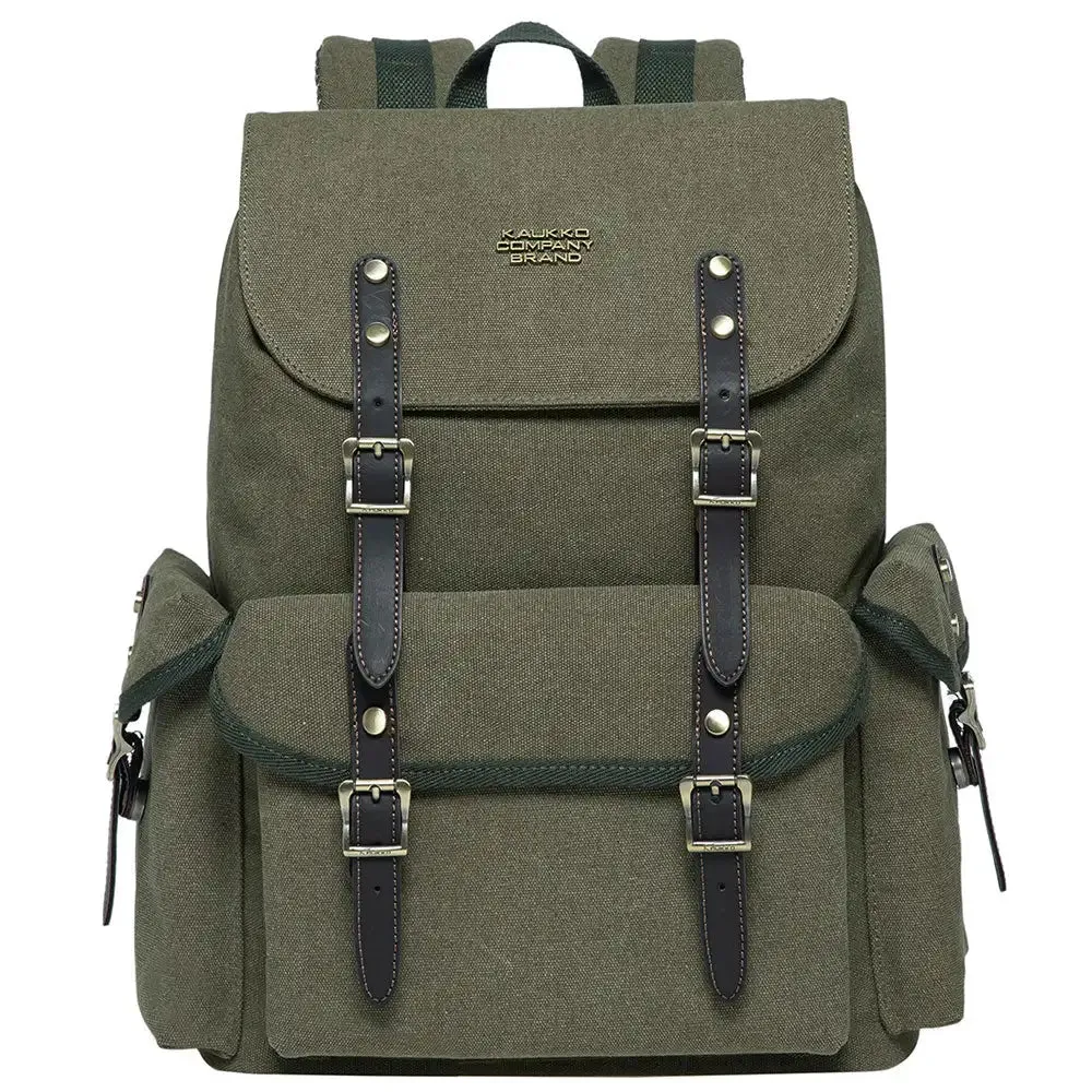 KAUKKO Vintage Casual Canvas and Leather Rucksack Retro Backpack for School Work Travel Hiking