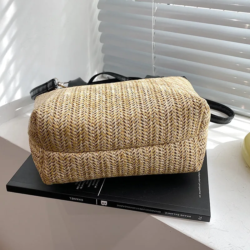 Large Capacity Straw Tote Bag with Shoulder Strap.