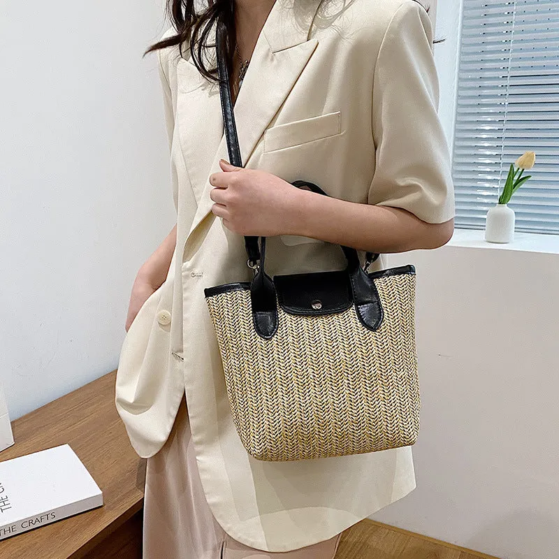 Large Capacity Straw Tote Bag with Shoulder Strap.