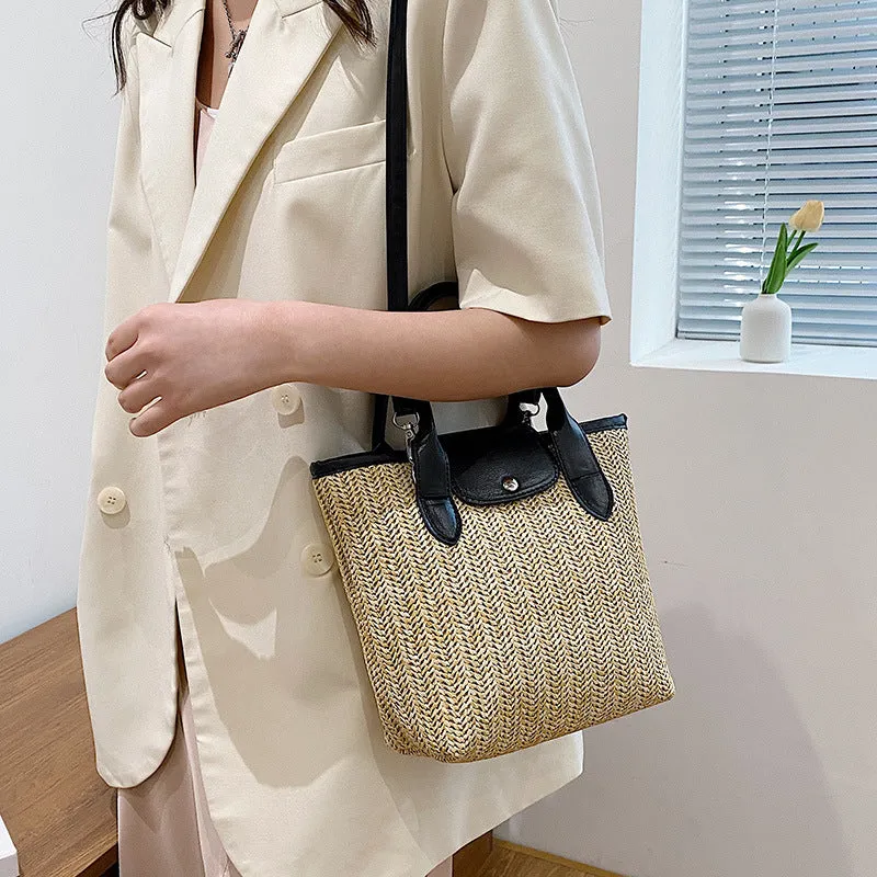 Large Capacity Straw Tote Bag with Shoulder Strap.
