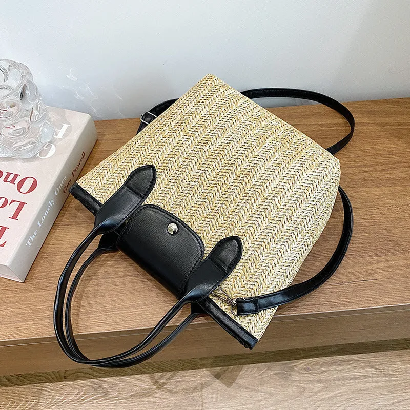 Large Capacity Straw Tote Bag with Shoulder Strap.