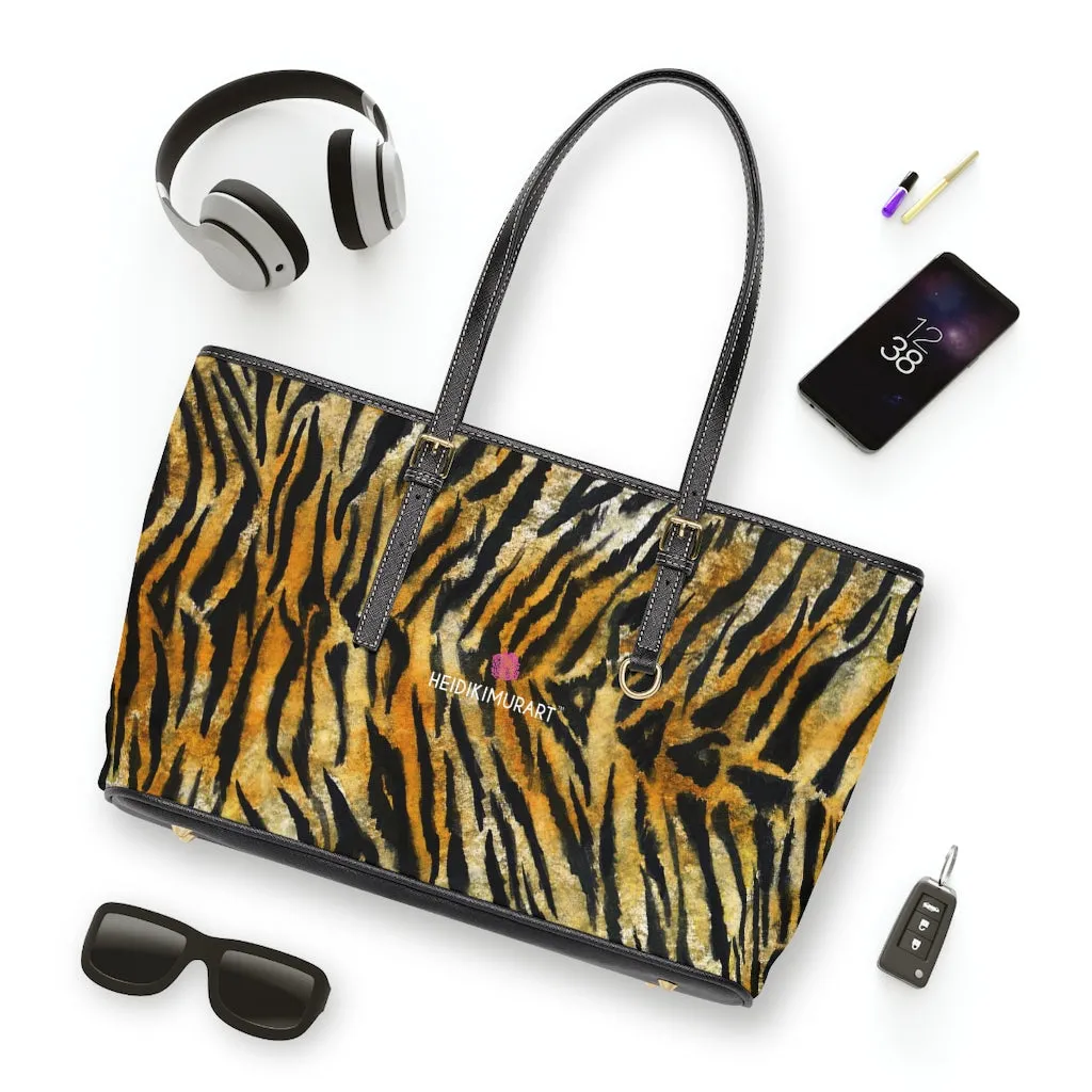 Orange Tiger Striped Tote Bag, Tiger Stripes Animal Print Best Designer PU Leather Shoulder Bag