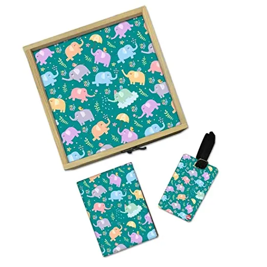 Passport Holder Cover For Kids Luggage Tag Wooden Gift Box Set - Mini Elephant